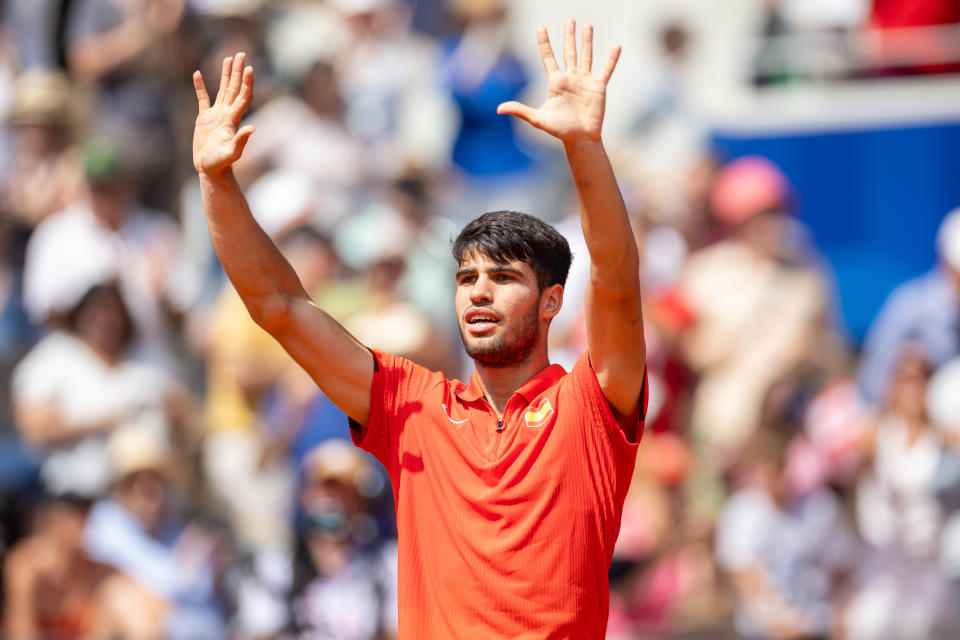 Carlos Alcaraz of Team Spain celebrates a match point during the Men's Tennis Semifinal match against Felix Auger-Aliassime of Team Canada on day seven of the Paris 2024 Olympic Games at Roland Garros on August 02, 2024 in Paris, France .  (Photo by Andrzej Iwanczuk/NurPhoto via Getty Images)